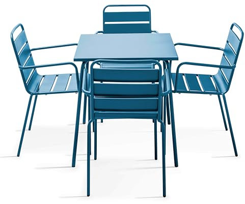 Oviala Gartenmöbel-Set, quadratisch und 4 Sessel, Stahl, Blau Pacific – Palavas
