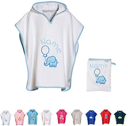 Stickling SET Kinder Badetuch Poncho und Waschhandschuh Waschlappen bestickt | personalisiert mit Namen | Baby Kapuze Bademantel | Robe | Baumwolle (hellblauer Elefant S)