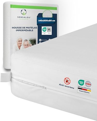 Sensalou Protège-Matelas Imperméable et Anti Acariens Contre Acariens et Punaises de Lit, Encasement Silencieux pour Allergiques, Surface Éponge Douce, avec Fermeture Éclair (1, 140 x 200 x 20 cm)