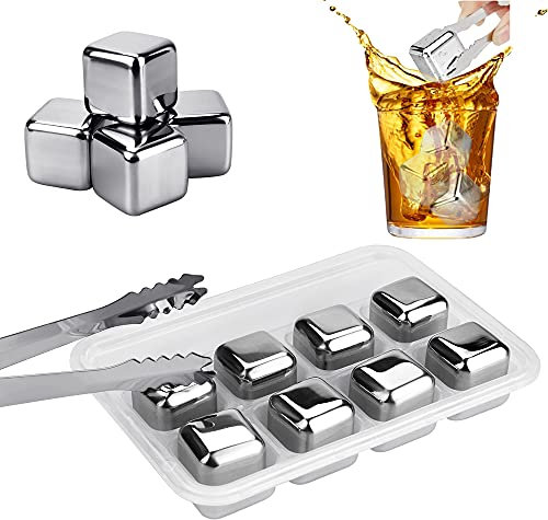 LYTIVAGEN 8 PCS Stainless Steel Ice Cubes Metal Whiskey Stones Reusable Whiskey Rocks Set with Ice Tongs and Ice Cube Tray for Cooling Rocks Whiskey Wine Gin Cocktail Drinks (27*27*27MM/PC, Silver)