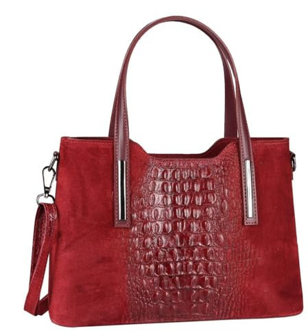 OBC Made IN Italy Damen Echt Leder Tasche Kroko-Prägung Business Shopper Wildleder Schultertasche Handtasche Ledertasche Umhängetasche (Bordo)