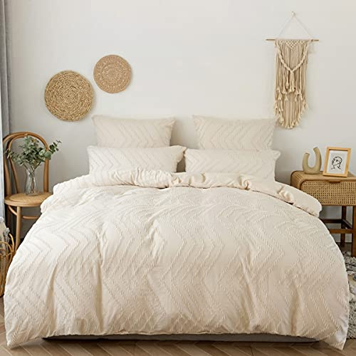 Loussiesd Beige jacquard-sängkläder och linne, broderi tuftat shabby chic täcke, mjukt och hållbart bäddset för alla årstider (beige, king)