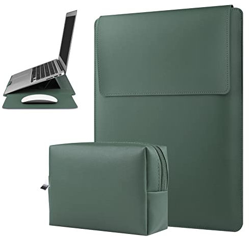 HoYiXi 13 Zoll Laptop Hülle Leder Tasche mit Ständer Kompatibel mit MacBook Air 13.3/13.6 M1 M2/MacBook Pro 13 2022-2016/Dell XPS 13/Surface Pro X/8/7 /6/5/Surface Laptop 13.5 Zoll, Grün
