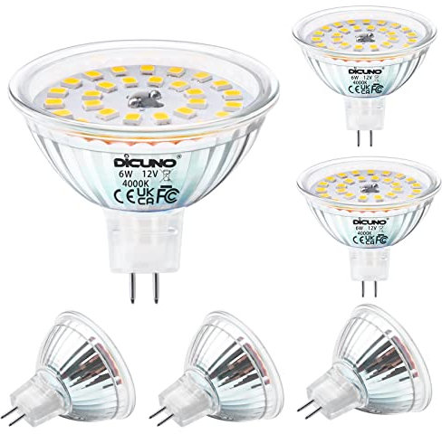 DiCUNO MR16 LED Light Bulbs 6W, GU5.3 Spotlight Bulb 12V, Equivalent to 70W Halogen, Natural White 4000K, 580LM, 120° Beam Angle, GU5.3 Bi-Pin Base Track Light, 6 Packs