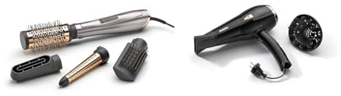 BaByliss Air Style 1000 Warmluftbürste mit Ionen-Technologie, 4 Aufsätze, AS136E, 1 Stück (1er Pack), Silber-Roségold & Cordkeeper 2000 Ionic-Haartrockner D373E, 2000 Watt schwarz