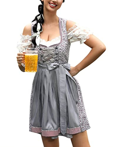 KOJOOIN Dam Dirndl kort midi traditionell klänning med tre delar: Dirndl-klänning, Dirndlförkläde, Dirndlblus för Oktoberfest Cashew-blommor (3 delar) 38, Cashew-blommor (3 delar), 36