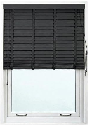 Faux Wood Wooden Grain PVC Window Venetian Blinds (Dark Grey, 105 x 150cm) | Easy Fit Child Safe Shutters, 50mm Embossed Slats with Aluminium Headrail & Matching Facia