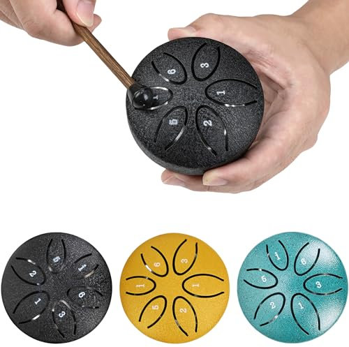 Realtopdo Tongue Drum Steel Tongue Drum 3 Zoll Stahlzungen 6 Töne Zungentrommel Pan Drum Percussion Steel Instrument Handpan Steel mit Schlägeln Meditation Yoga Klangheilung (Schwarz)