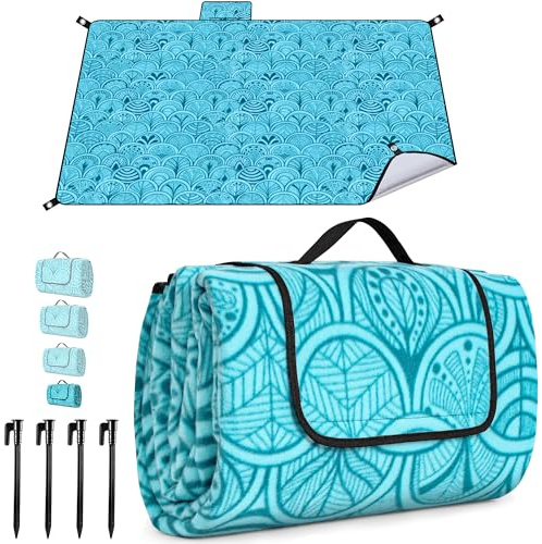 SOMLAW Picknickdecke Wasserdicht 150 x 200 cm, Extra Groß Outdoor Stranddecke mit Wasserdichter Unterseite & 4X Heringe, Campingdecke mit Tragegriff Ideal für Camping und Wandern (Pfauenblau)