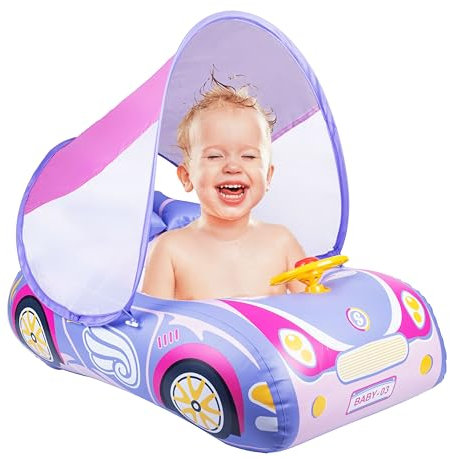 YAAVAAW Baby Swimming Float, Inflatable Car Baby Pool Float & Sun Protection Canopy Toddler Swim Ring Fun Water Toys Bathing Accessories for Baby