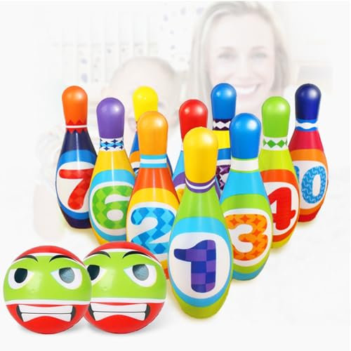 Funmo Kegelspiel für Kinder, 12PCS Bowling Ball Set 10 Teiliges Kegel und 2 Bälle Dosenwerfen Mini Drin und Draußen Spielzeug Geschenke für Junge Mädchen Kinder