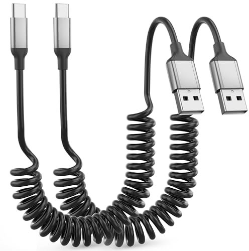 Coiled USB C Cable Short, 2 Pack Car USB C Charging Cable Type C Charger Lead Fast Charging USB A to USB C Spiral Cord with Data Tranfer for Samsung Galaxy, Huawei, Google, Oneplus, Android Auto