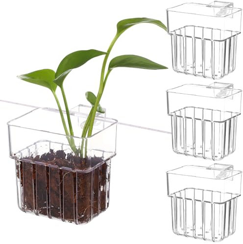 POPETPOP Hanging Aquarium Planter Cups, 4pcs Aquatic Plants Holder, Fish Tank Plant Pot, Aquarium Plant Baskets Box Decorations Accessories for Live Aquarium