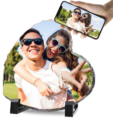 Portafotos de piedra personalizado con tu foto - Con o sin texto - Varios tamaños y formas (Corazon, 15x15 (+/-1cm))