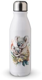MAXIKIWI - Single Wall Water Drinking Bottle with Screw Cap, Non Insulated Lightweight Aluminium, BPA Free, Leak-Proof - Mom And Baby Koala Watercolor - 500ml