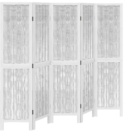 175-180 x 160 cm Raumteiler, 5-teilig Paravent Faltbar, Klappbar Trennwand für Innenbereich, Wand Sichtschutz Umkleide Raumtrenner für Schlafzimmer Wohnzimmer, Weiß Massivholz Paulownia