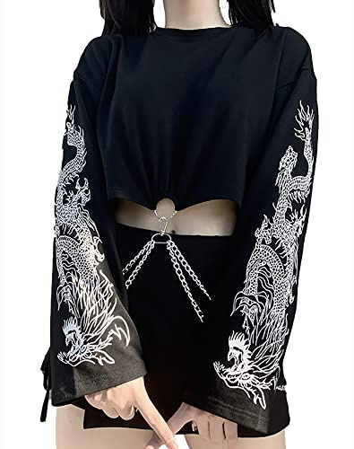 Goth Crop Toppar damer långärmad skjorta damer cropped skjorta damer gotiska kläder damer, svart, S
