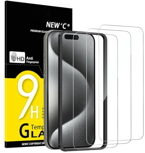 NEW'C 3 Pack Designed for iPhone 15 Pro Screen Protector (6.1 inches), Enhanced Tempered Glass Protection with easy installation tool included,Case Friendly Ultra Resistant