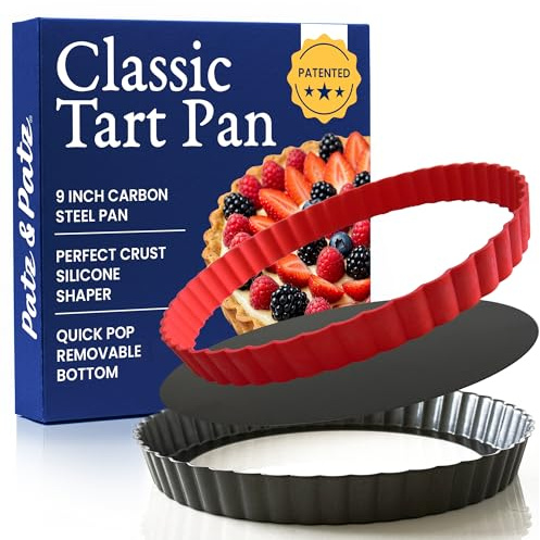 Patz&Patz Classic Tart Pan 9 Inch Removable Bottom with Patented Silicone Crust Shaper | Nonstick Carbon Steel Quiche Baking Dish, Fruit Tart Molds for Baking, Quiche Pan & Pie Mold - PFOA & PTFE-Free