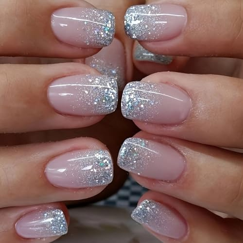 Ceboic 24 Stück Nägel Zum Aufkleben Kurz, Square Französische Press on Nails Rosa Glitzer Künstliche Nägel, 12 Größen Fingernägel zum Aufkleben Full Cover Fake Nails Kunstnägel für Frauen & Mädchen
