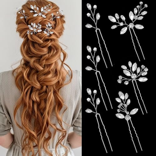 6 Pieces Bridal Hair Accessories Flower Rhinestone Crystal Hairs Pins Wedding Hair Accessories for Women Brides Bridesmaids Silver Hairs Jewelry