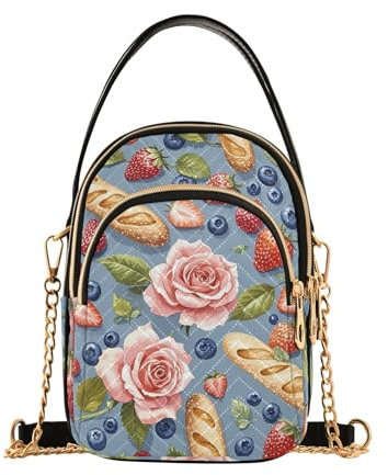 Nexawaveo France Pain Fruits Sac à bandoulière matelassé bleu Petit sac à main pour femme Sac à main pour téléphone avec chaîne, France Pain Fruits Bleu