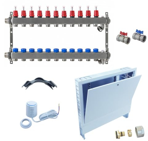 FBH Verteiler-Set ZEWO: 11 Heizkreise, Unterputz, Mit Stellantrieb, 14 x 2,0 Klemmverschraubung