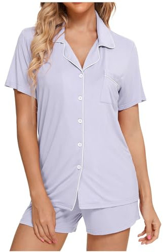 Bata corta para mujer, conjunto de pijama de manga corta, ropa de dormir con botones, pantalones cortos, conjuntos de ropa de hogar suave, camisón largo hasta la rodilla, Color lila claro., M