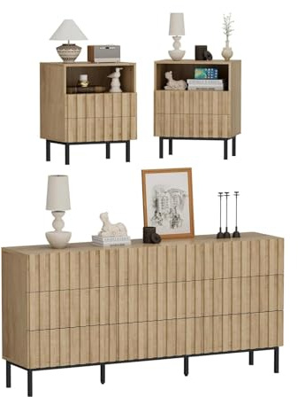 UEV Set mit 3 Schlafzimmermöbeln, 1 Kommode mit 9 Schubladen, 2 Nachttische, großer Stauraum, geräumige Decke, für Wohnzimmer, Schlafzimmer, Holzmuster, Metallbeine, Natur