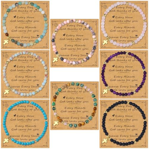 Giovanchi 8PCS Cross Bracelets for Women Christian Gifts - Easter Baptism Birthday Gifts - 4mm Beaded Cross Bracelet Natural Stone Bracelets Christian Jewelry