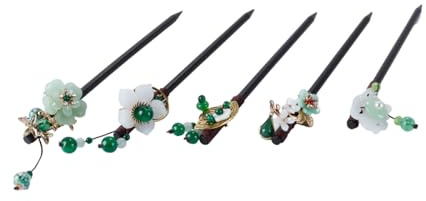 Ausi 5er Pack Haarstäbe aus Holz, Vintage Chinesische Haarnadel, chinesische Nadeln verziert mit Blumen und Quasten, Haarspangen