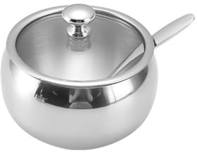 Zuccheriera sferica in acciaio inox, multiuso, con coperchio trasparente e cucchiaino, per zucchero, sale, spezie e condimenti (1 pezzo)