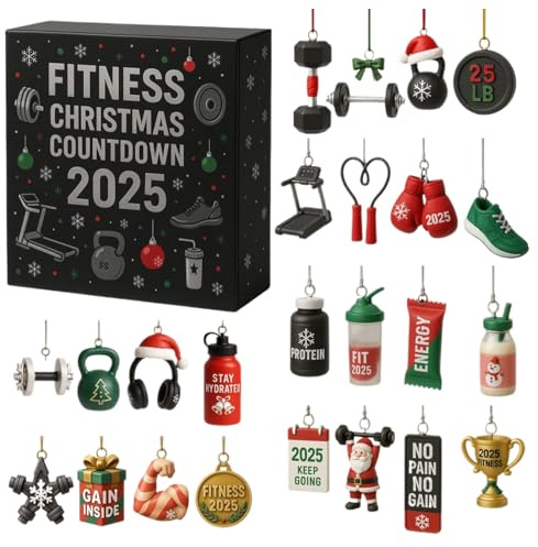 Fitnessstudio-Adventskalender 2025, 24 Tage Fitness-Weihnachtsschmuck-Countdown-Kalender Mit 2D-Acryl-Anhänger, Advent, Sport, Fitness, Für Autofenster, Feiern, Winterferien, Partys, Fitnessstudios