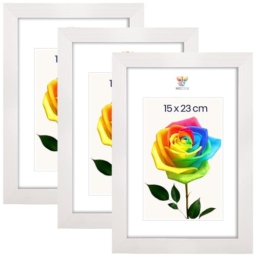 MG Design Lot de 3 Cadres photo 15 x 23 cm – Cadres en bois Blanc avec verres acryliques incassables, portrait & paysage, à accrocher et à poser