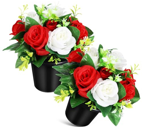 OSALADI Fiori Artificiali da Esterno in Vaso Composizioni Floreali per Cimitero per Tomba Set 2 Pezzi Tessuto Resistente Agli Strappi Dimensioni Compatte per Decorazioni Commemorative