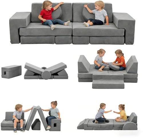 LALAHO Canape pour Enfant Modulaire，Chauffeuse 2 Places，Chauffeuse & Canapé | Convertible Enfant，Velours Côtelé，Librement Combinable，pour Chambre d'enfant, Salle de Jeux，Chambre à Coucher（Gris）