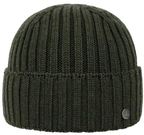 LIERYS Merino Strickmütze Rippstrick Wintermütze Herren Umschlagmütze Oliv One Size