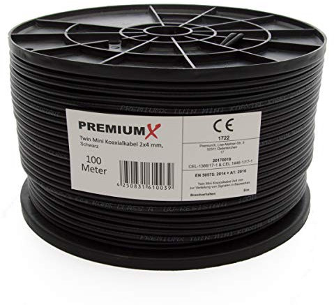 Premium X Câble d'antenne satellite coaxial 90 dB Twin Mini 2 x 4 mm Noir 100 m