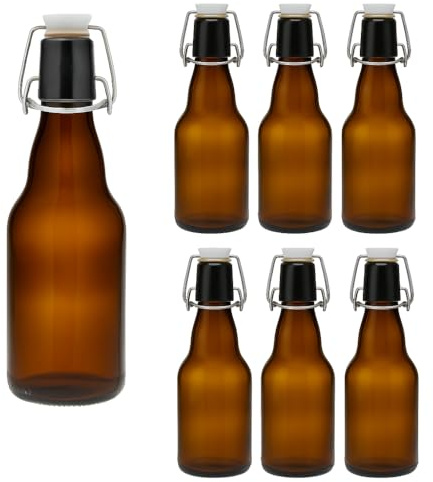 hocz 6x leere Bügelflaschen 330ml zum Befüllen Braun - kleine Flaschen mit Bügelverschluss - 6er Bügel Glasflaschen Set für Saft, Getränke, Likör, Öl, Saucen - 6 Stück, 330 ml, Braun