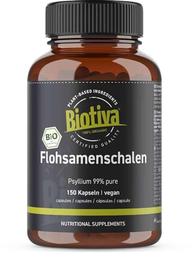 Flohsamenschalen Bio 150 Kapseln - 700mg hochdosiert mit 99% Reinheit - 90% Ballaststoffe - Planago Ovato - Psyllium husk - Abgefüllt und kontrolliert in Deutschland - Biotiva