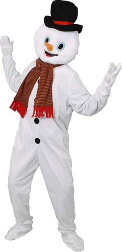 Adults Snowman Mascot Fancy Dress Costume - Deluxe Christmas Snowman Fancy Dress - Mascot Suit With Attached Hand/Shoe Covers + Head With Attached Carrot Nose And Hat + Striped Scarf (One Size)