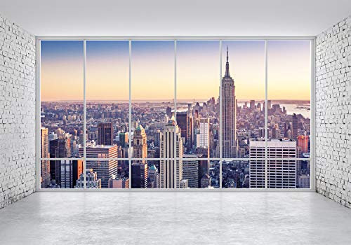wandmotiv24 Fototapete New York NYC, L 300 x 210 cm - 6 Teile, Wanddeko, Wandbild, Wandtapete, Ausblick, Fenster, Skyline M1133