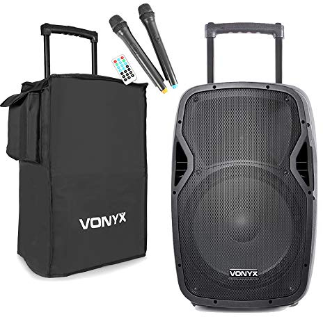 Vonyx AP1500PA Portable PA Speaker System 800W with Bluetooth, Wireless Microphones, Rechargeable Battery and Protective Cover - 15 Inch
