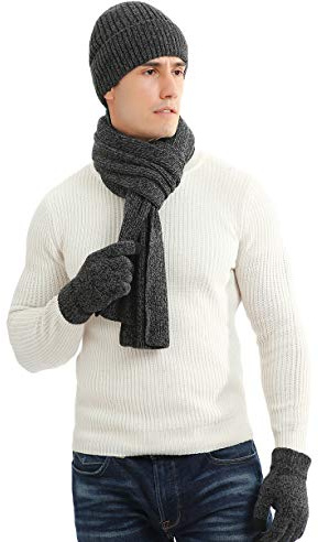 LAUSONS Herren Wintermütze Schal und Touchscreen Handschuhe Set