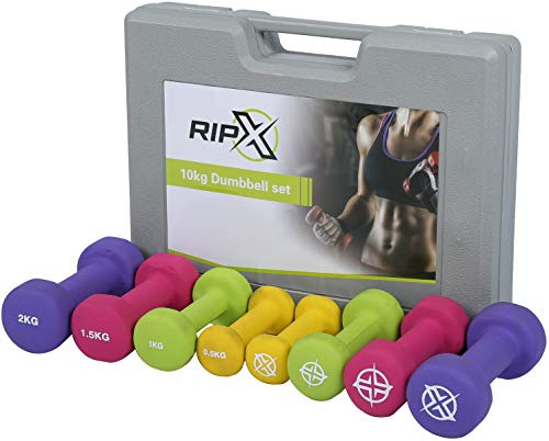 RIP X 10kg Dumbbell Multi Colour Neoprene Soft Touch Hand Weight Set with Carry Case - 0.5kg 1kg 1.5kg 2kg