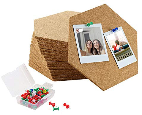 PROVO Sechseckige Korkplatte, 16 Stück Pinnwand Kork mit 50 Stück Pushpins, DIY Korkwand Multifunktionale Anwendung für Notizen, Bilder, Foto hängen, Heimdekoration und Büro Memorandum