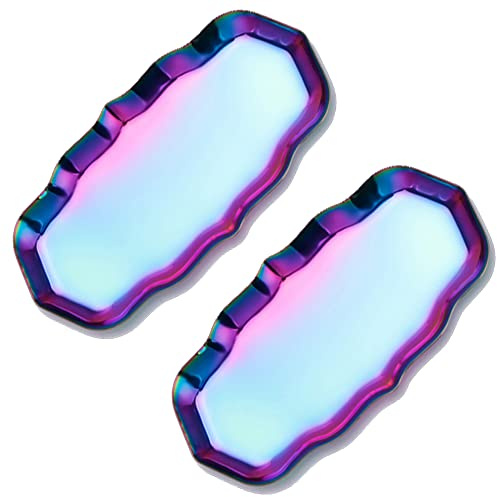 2 Pack 9 Inch Rainbow Stainless Steel Tray, Irregular Lacy Edge Kitchen Trays Counter Decorative Platter with Curved Lip, Chromatic Vanity Jewelry Serving Tray for Desktop, Bathroom, Exxacttorch