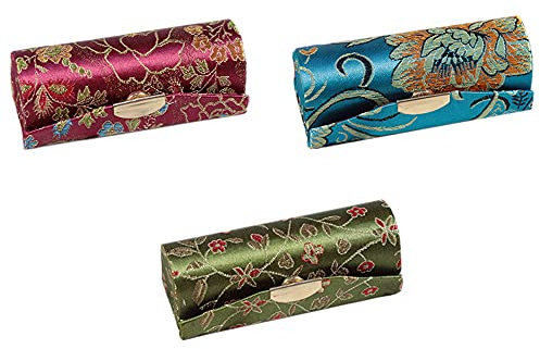 3 Pcs Lipstick Case Classic Woven Satin Lipstick Holder Retro Flower Lipstick Organiser Lipstick Box with Makeup Mirror Cosmetic Storage Kit for Women Girls(Random Colors)