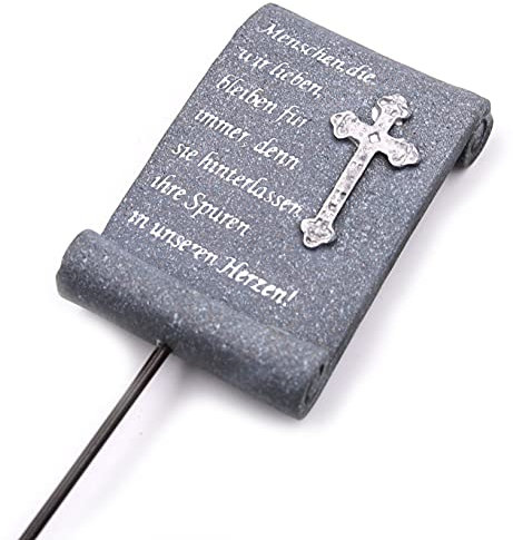 WBWT Grab-Schmuck, Menschen die wir lieben bleiben für Immer - Kreuz, 33cm hoch Gedenk-Rolle Trauer Grab-Stecker, grau weiß Silber Stein