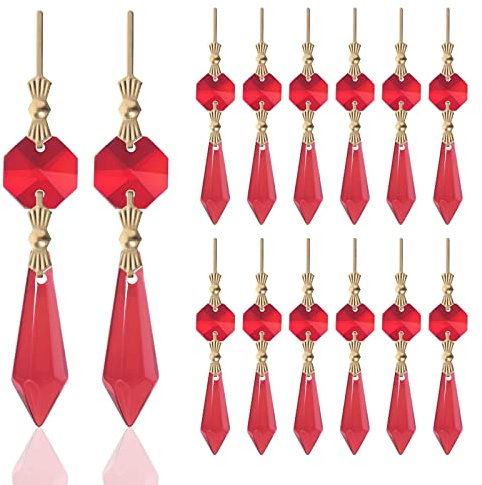 20pcs Red Crystals Prisms Glass Tip Beads Replacement Chandelier Icicle Drop Pendants Octagon Crystal Beads Gold Pins Connectors for Lamp Decoration Christmas Ornament